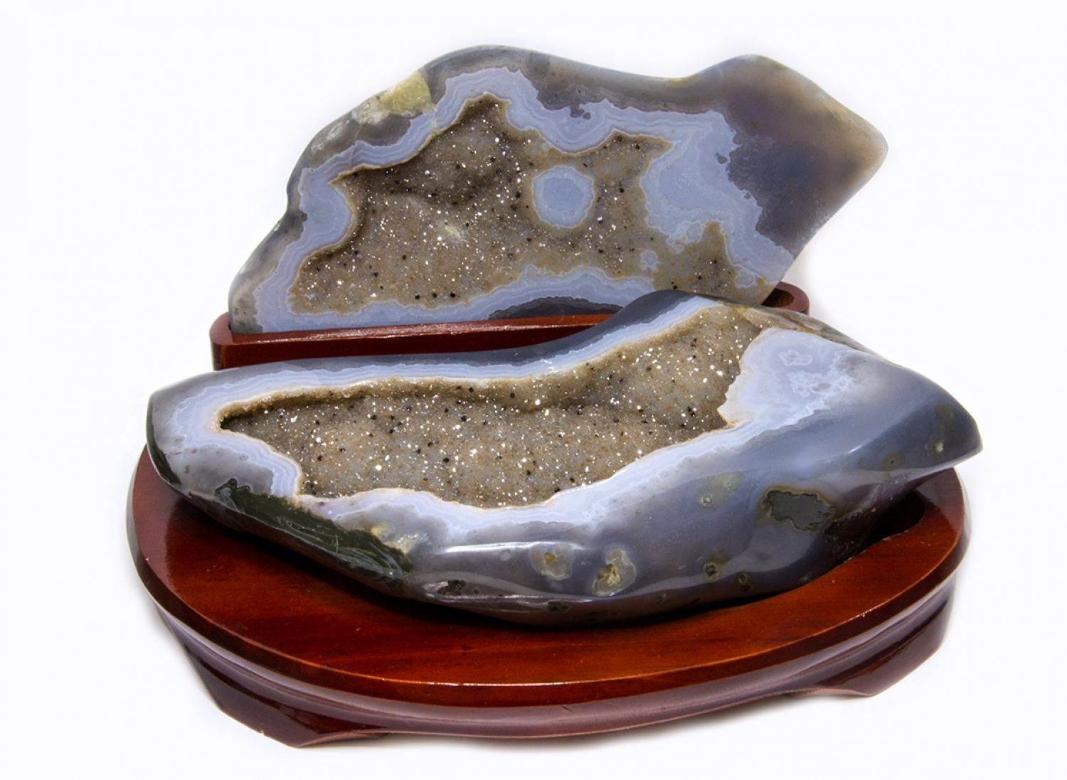 Agate nut all sides polished, on wooden base, with fine crystal formation 2400 grams