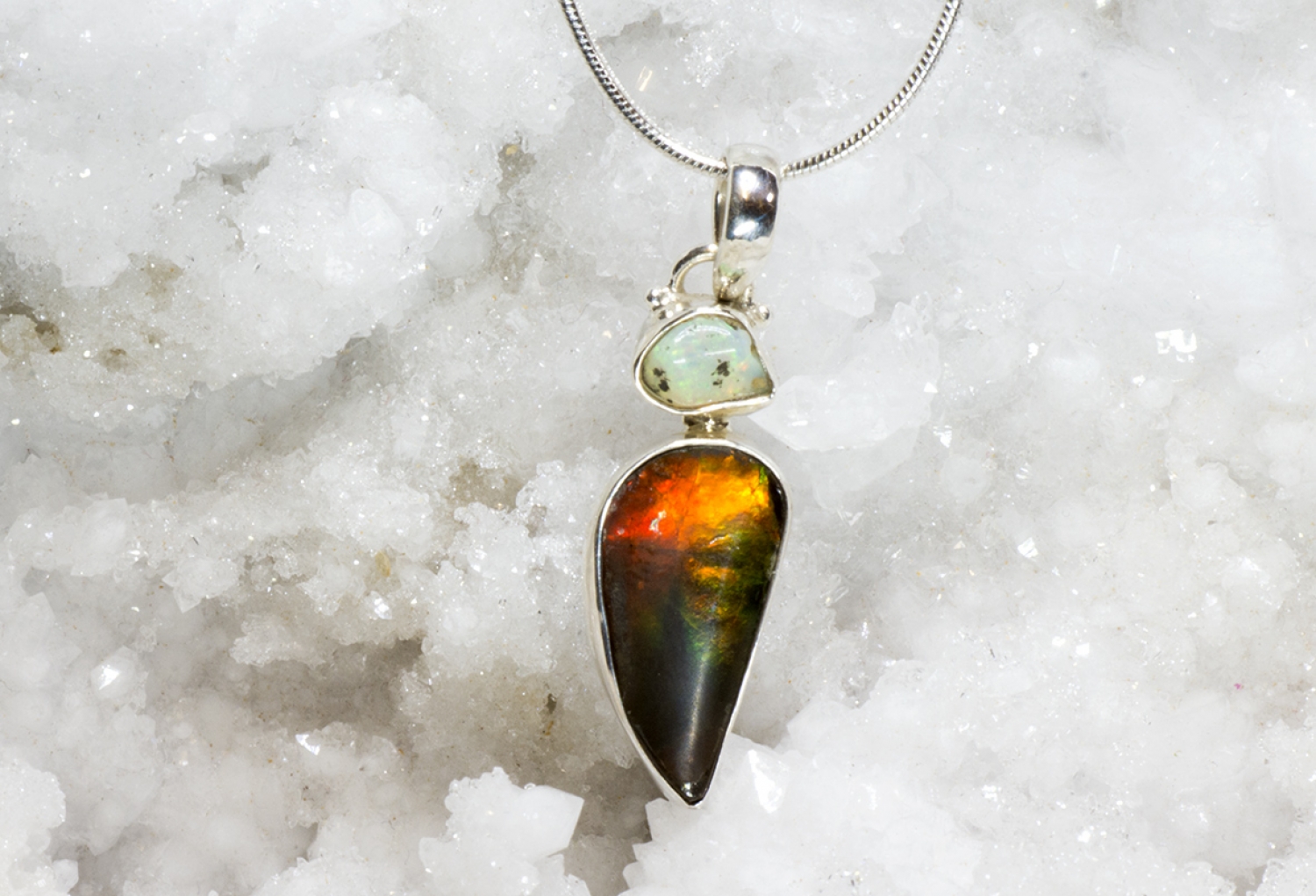 Fire Red Ammolite Pendant with Welo Opal no 1, set in Silver