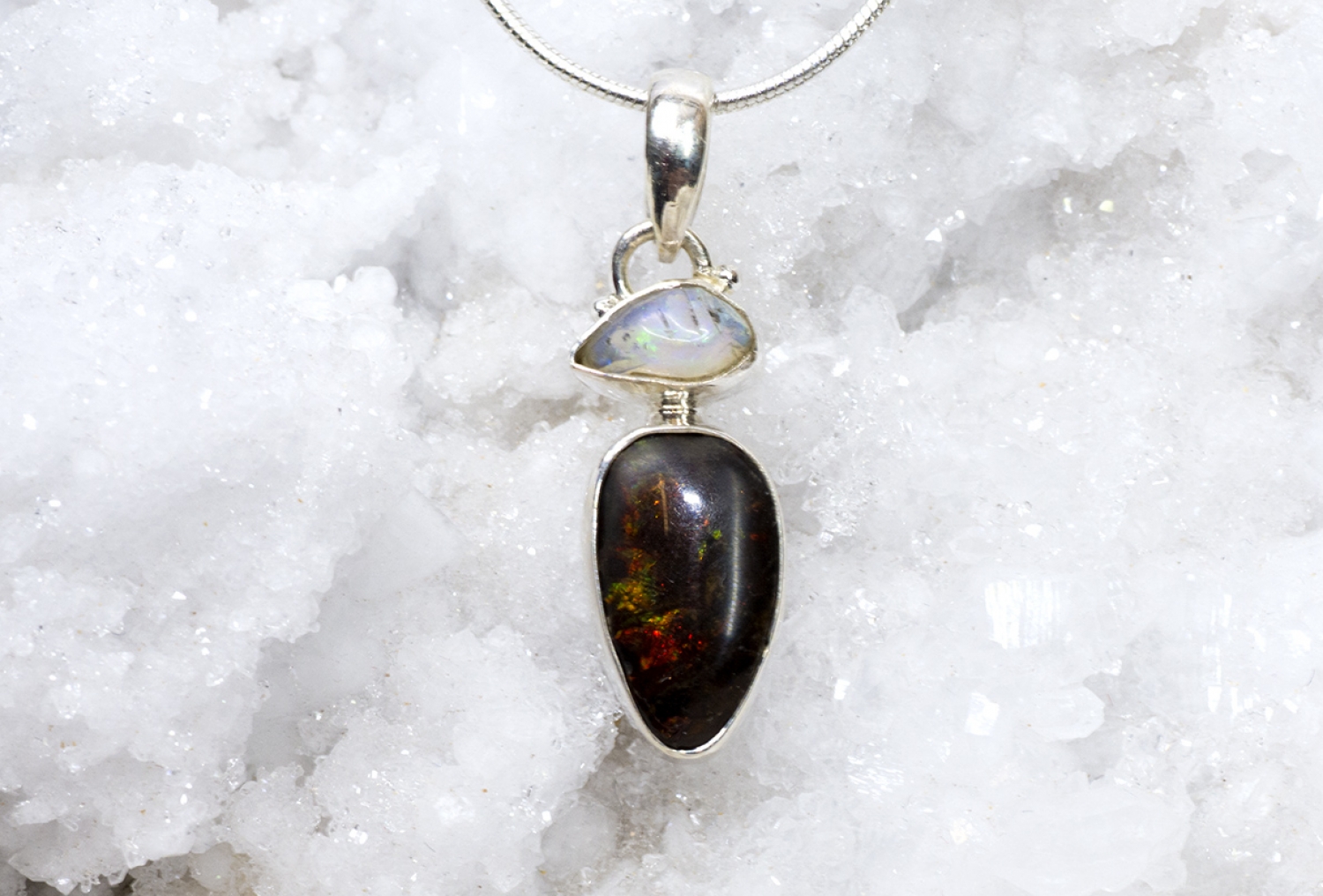 Fire Red Ammolite Pendant with Welo Opal no 2 set in Silver