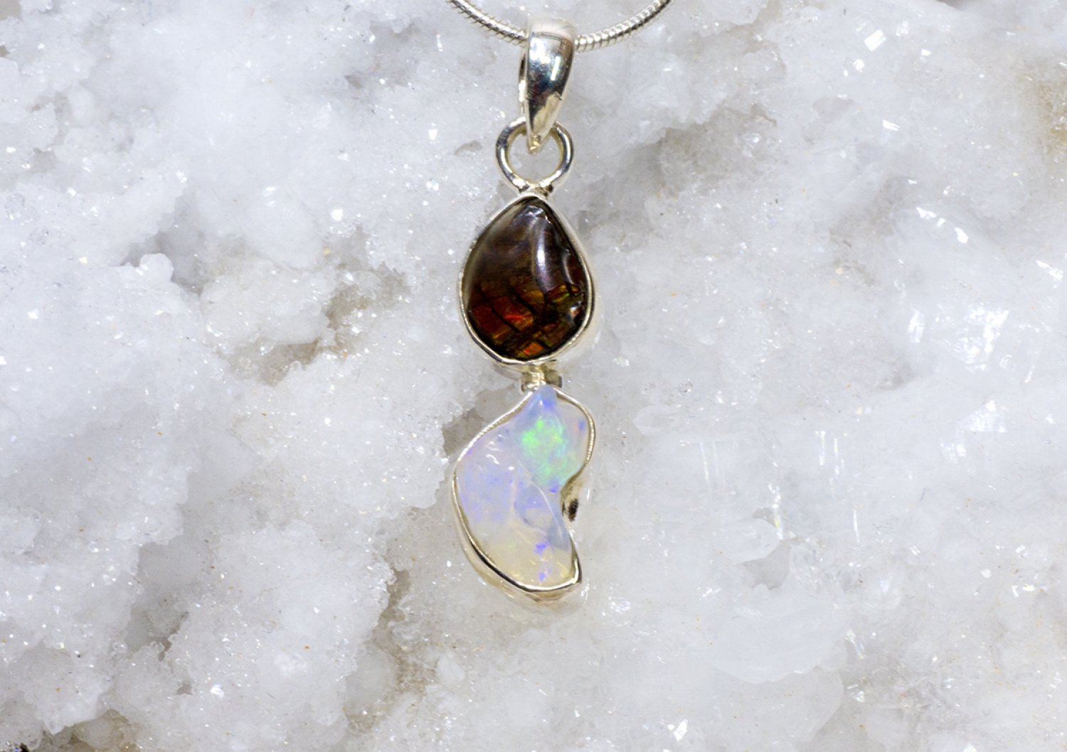 Fire Red Ammolite Pendant with Welo Opal no 3 set in Silver