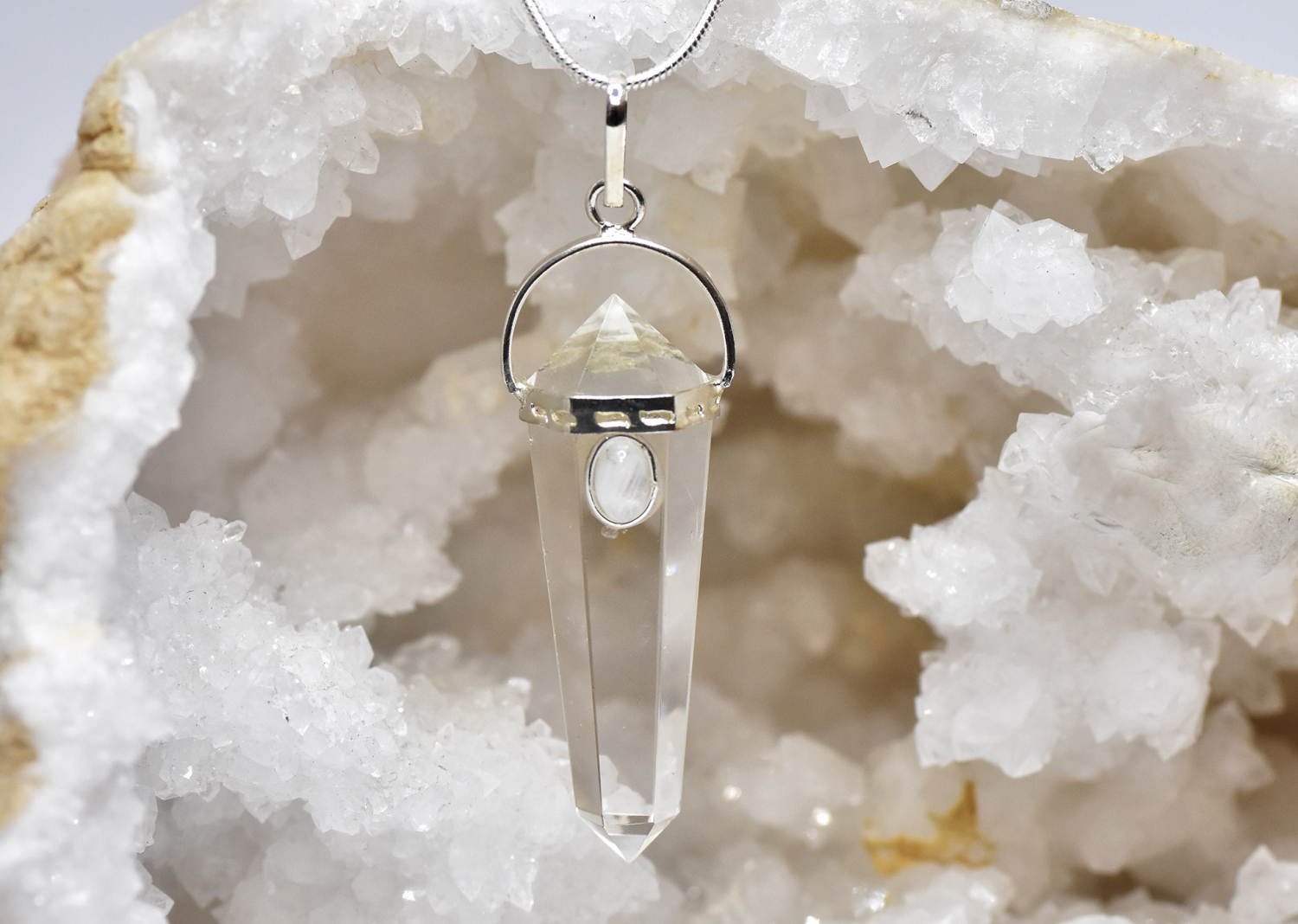 Rock crystal pendant, six-sided, silver-plated - with moonstone cabochon