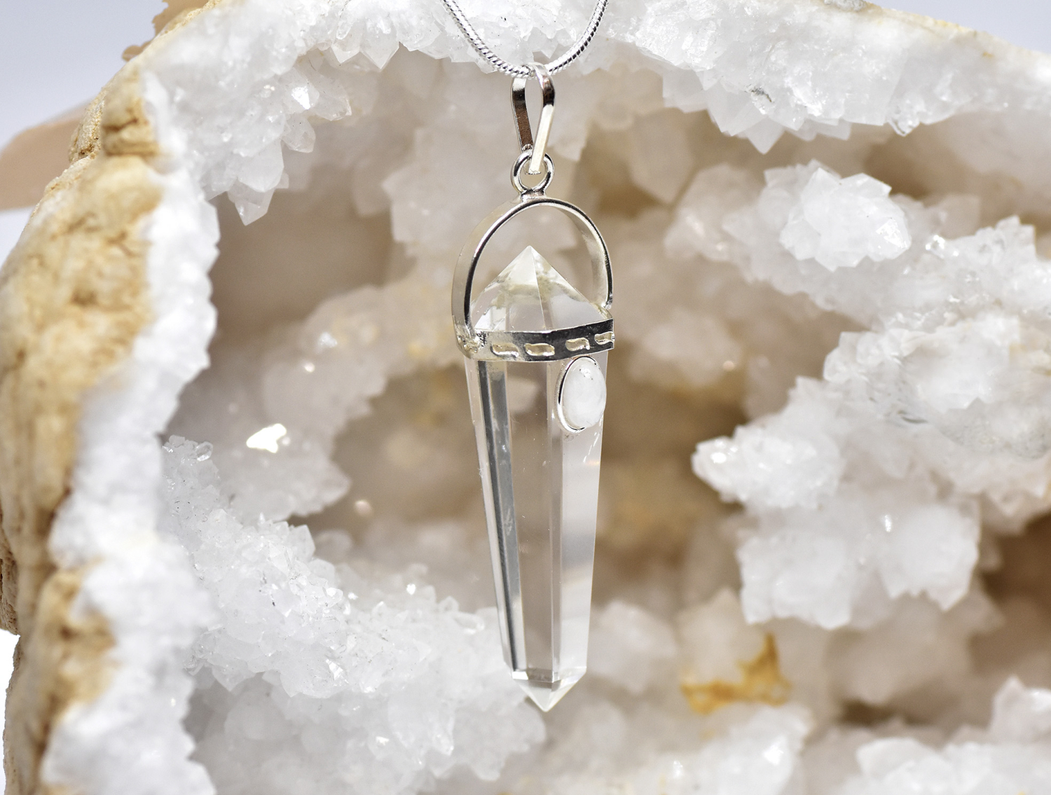 Rock crystal pendant, six-sided, silver-plated - with moonstone cabochon