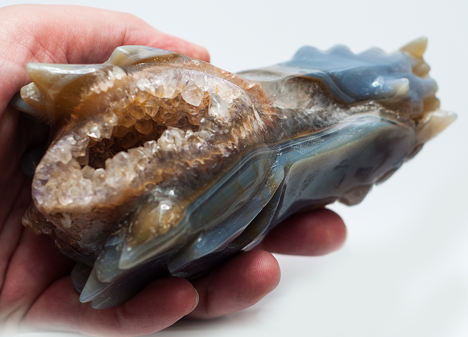 Dragon head, skull, agate with crystal formation, 680 grams!